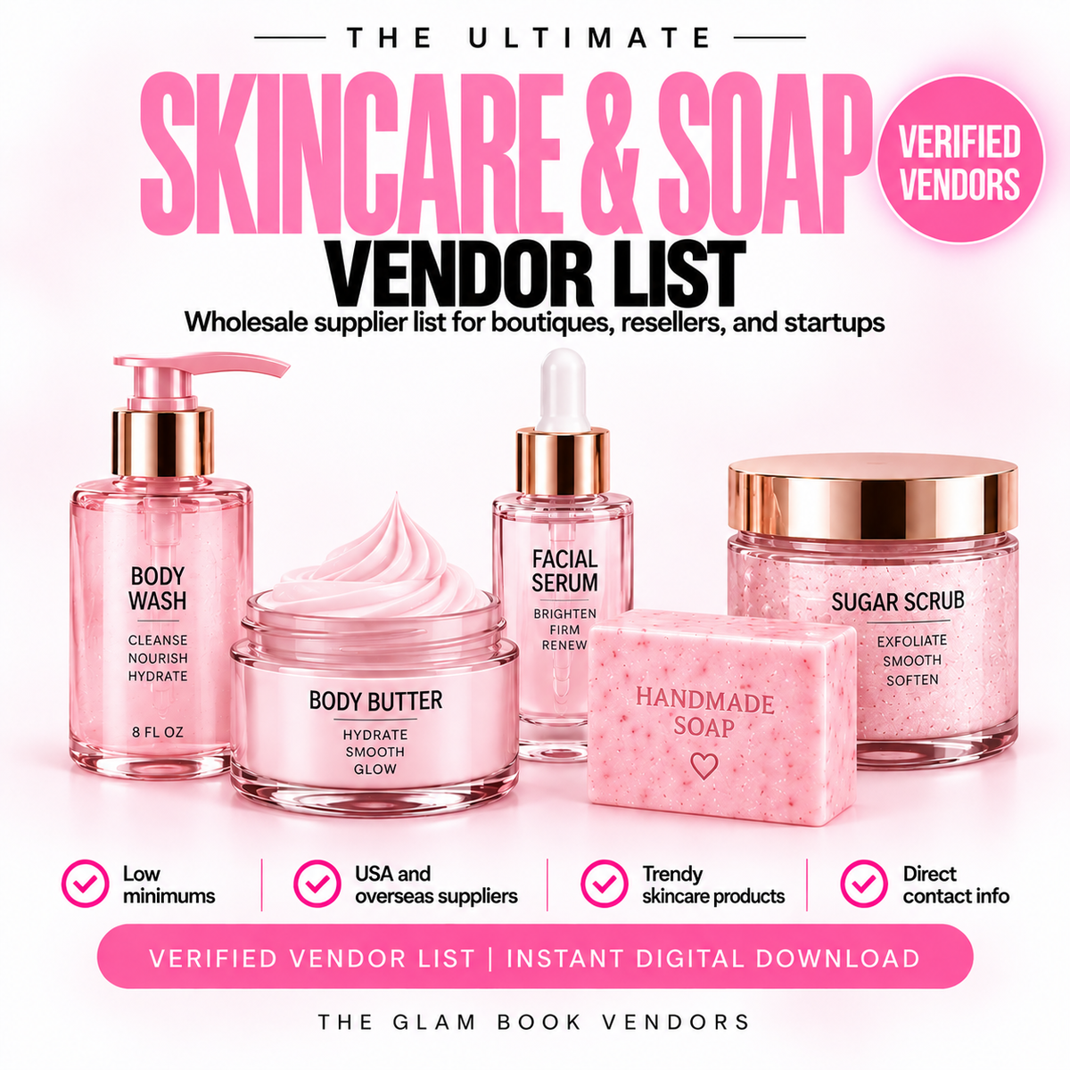 Skin care and soap wholesale supplier list cover from The Glam Book Vendors