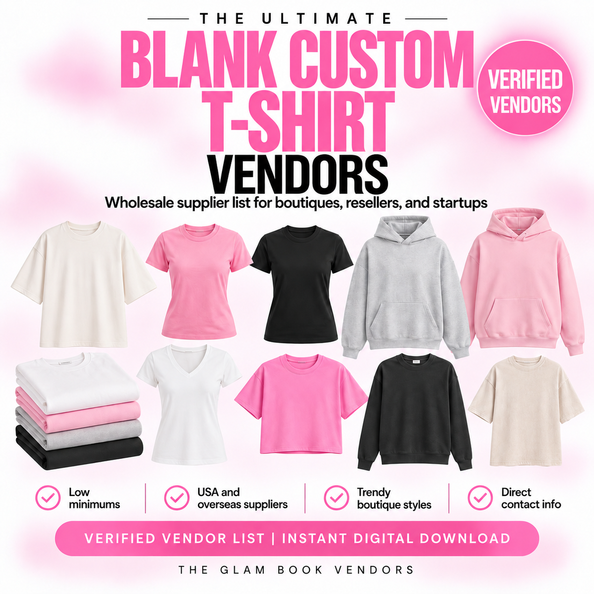 Wholesale blank custom t-shirt supplier list cover from The Glam Book Vendors