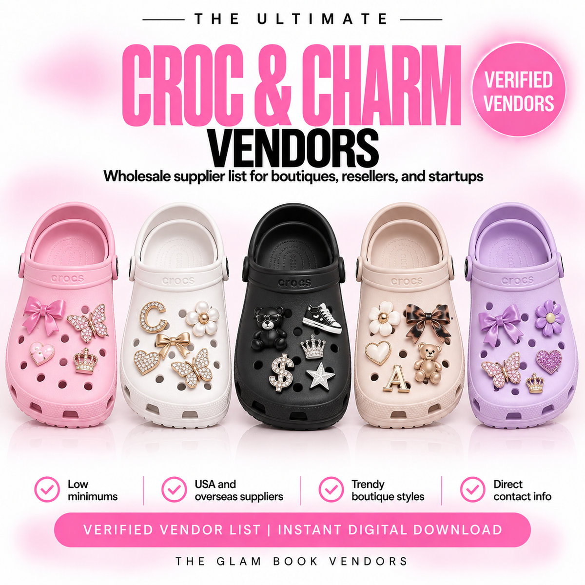 Wholesale croc and charm supplier list cover from The Glam Book Vendors