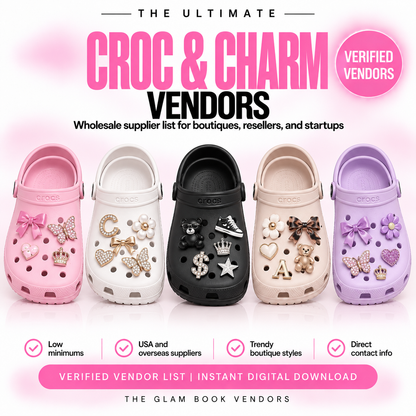 Wholesale croc and charm supplier list cover from The Glam Book Vendors