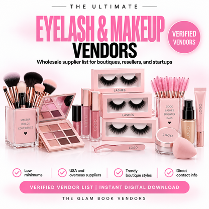 Wholesale eyelash and makeup supplier list cover from The Glam Book Vendors