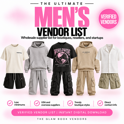 Wholesale men's clothing supplier list cover from The Glam Book Vendors