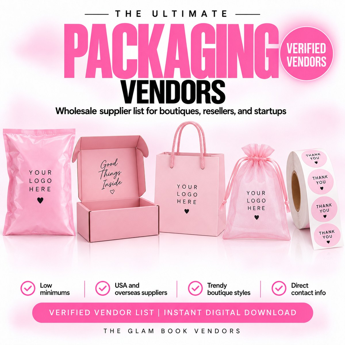 Wholesale custom packaging supplier list cover from The Glam Book Vendors