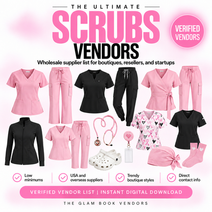 Wholesale medical scrub supplier list cover from The Glam Book Vendors