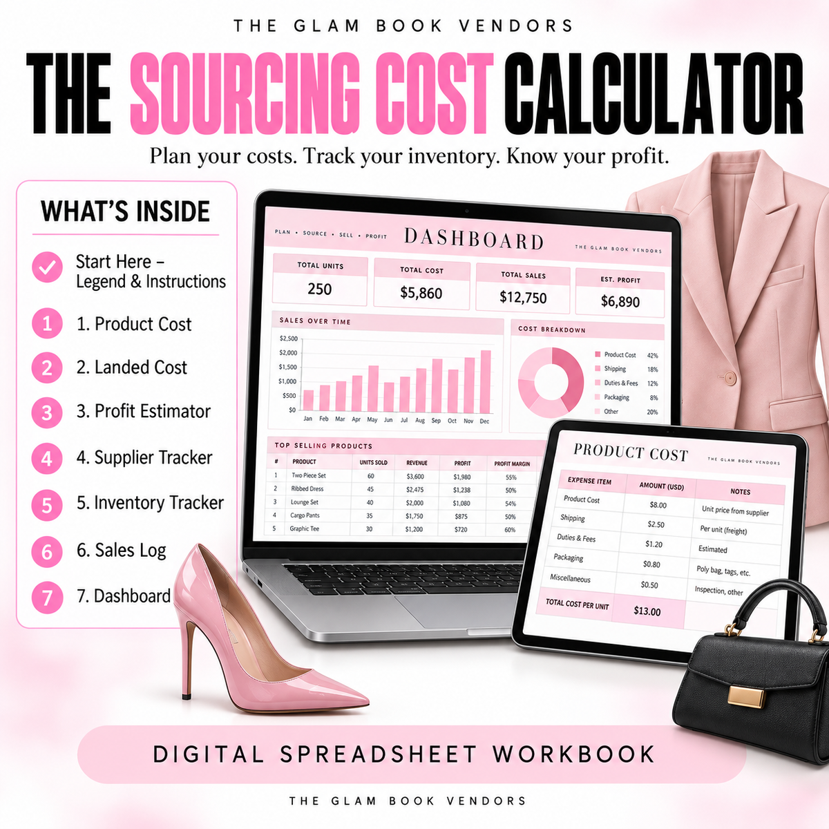 The Sourcing Cost Calculator spreadsheet: landed cost, profit, and inventory tracker