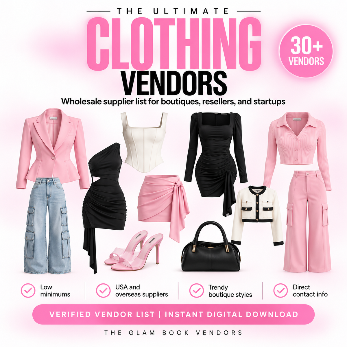 Ultimate wholesale clothing supplier list cover from The Glam Book Vendors